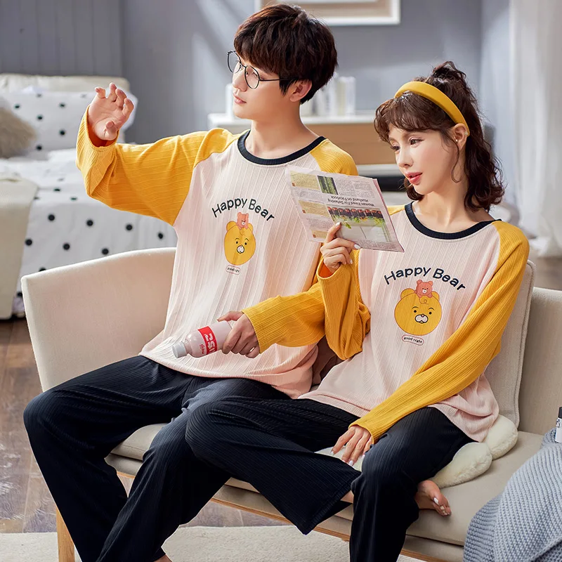Новые осенне-зимние хлопковые Пижамные комплекты для пар с длинным рукавом в