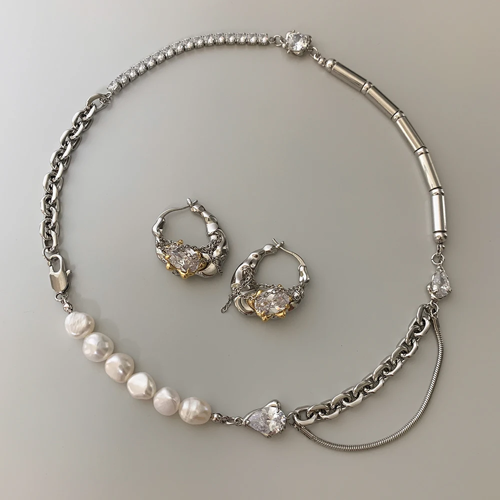 Оригинальный дизайн, подходящие цвета серьги, прошитая нишевая конструкция, ожерелье до ключиц с пресноводным жемчугом для женщин