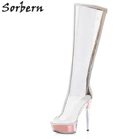 Sorben 15Cm Transparent Knee High Boots Open Toe Perspex Heels Clear Pvc Summer Boots Custom Wide Or Slim Fit Legs Pole Dance