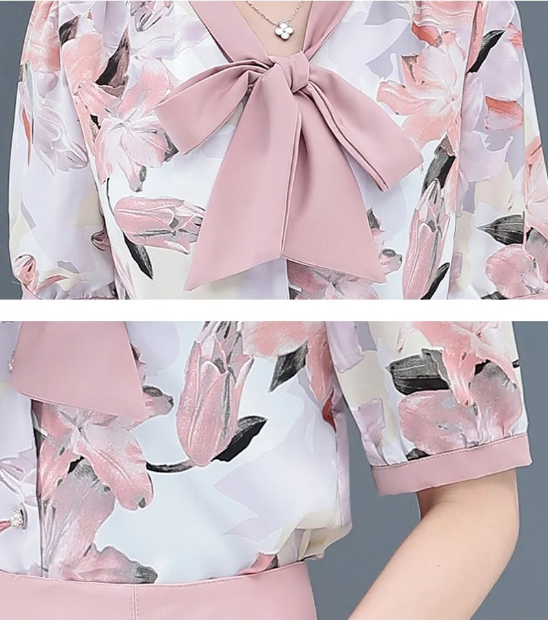 

2021summer fashion temperament women bow-knot printed short sleeve shirts tops+ high-waist trousers two-piece sets