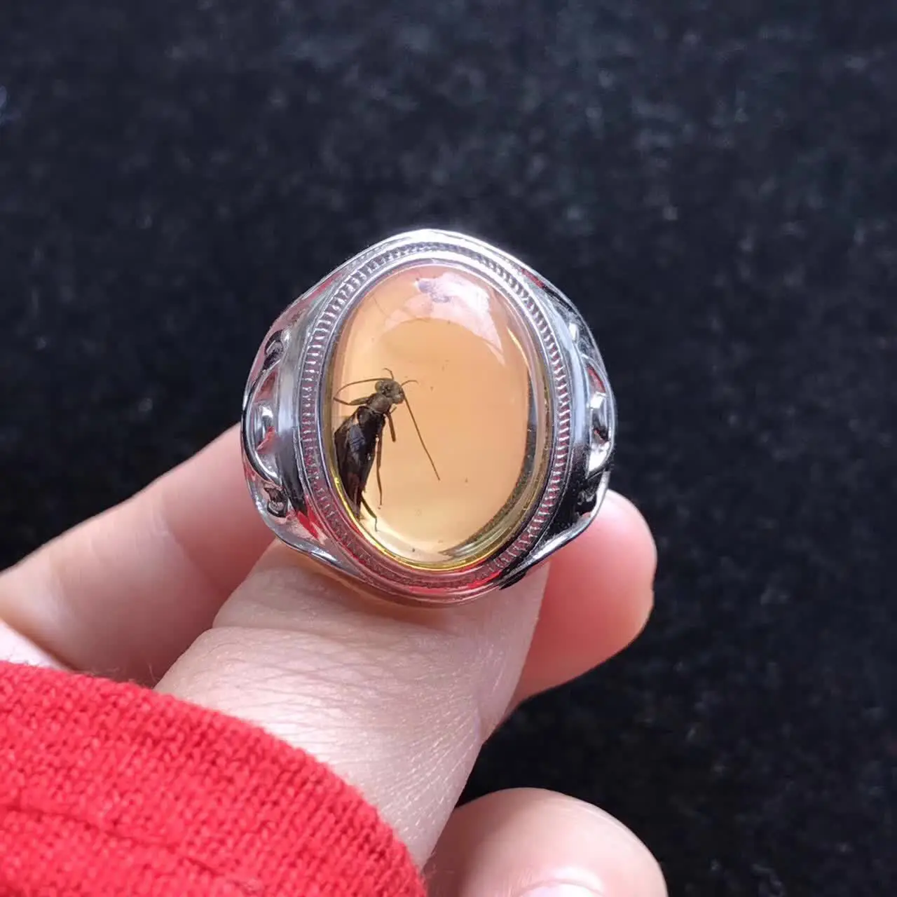 Кольцо с подвеской-браслетом напоминающее о древней маньяме Янтарное насекомое |