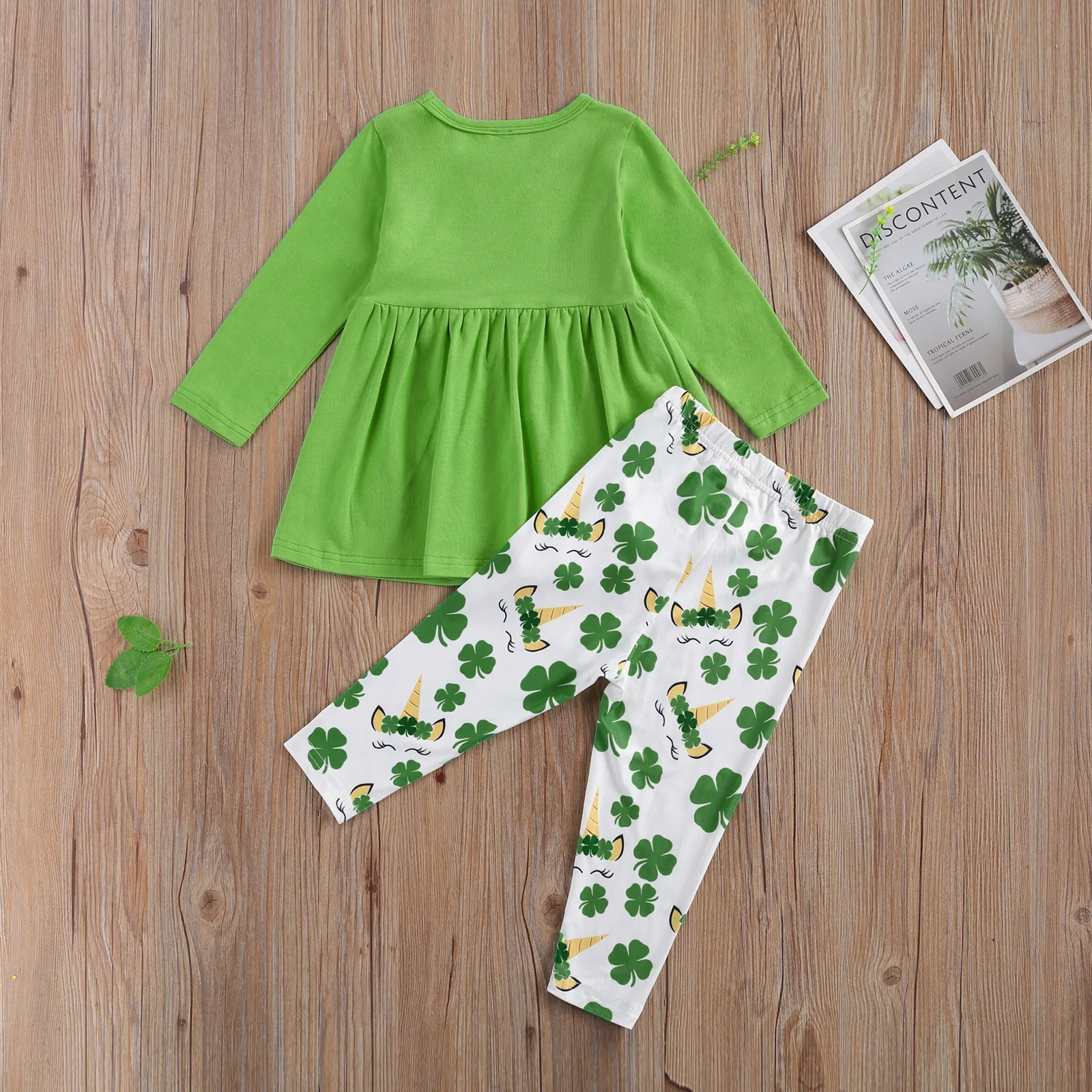 

2020 New Fall Autumn 2-7Y Kids Baby Girl 2Pcs Set Green Dress-Style Unicorn Print Long Sleeve Top+Clover Pants St. Patrick's Day