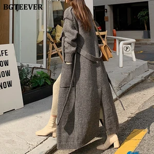 Женский длинный вязаный кардиган BGTEEVER, теплый свободный Свитер оверсайз с открытым стежком и карманами на шнуровке, зима 2020