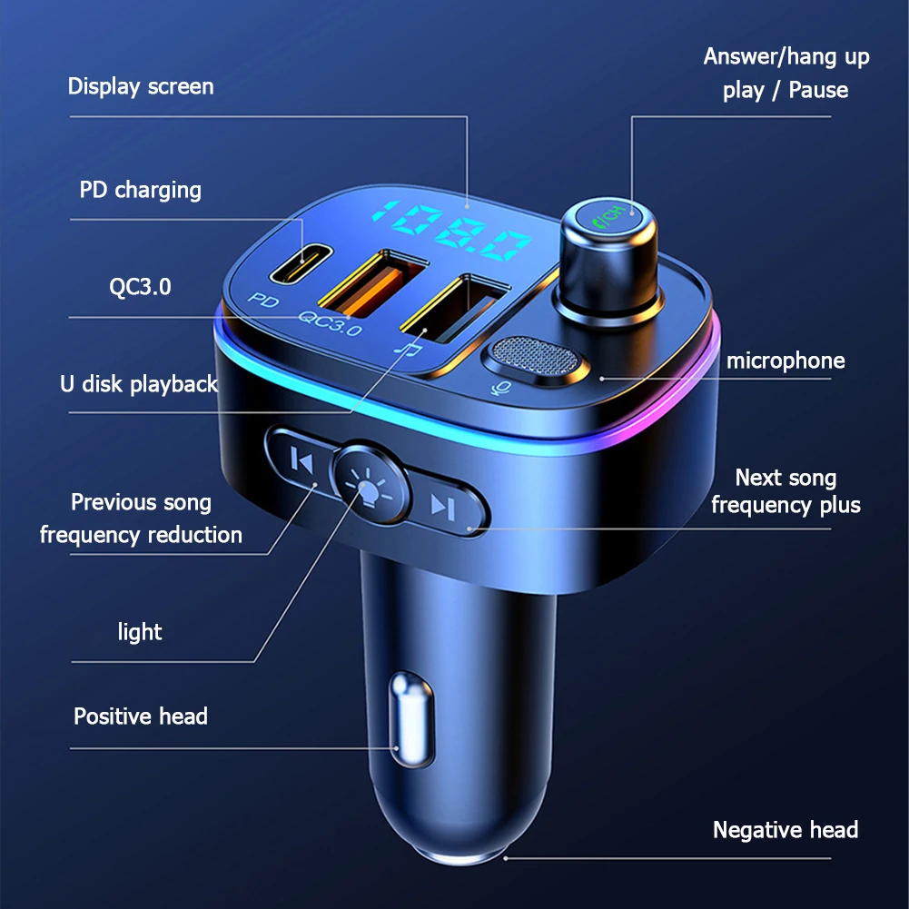 

T65 Car 5.0 FM Transmitter 7-Color LED Backlit Wireless FM Radio Adapter MP3 Music Player Dual USB Car Charger