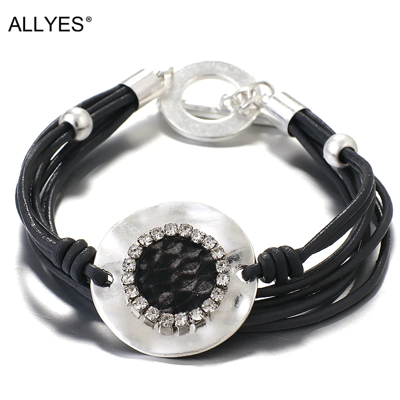 Женские кожаные браслеты ALLYES многослойные черные со стразами и змеиным узором