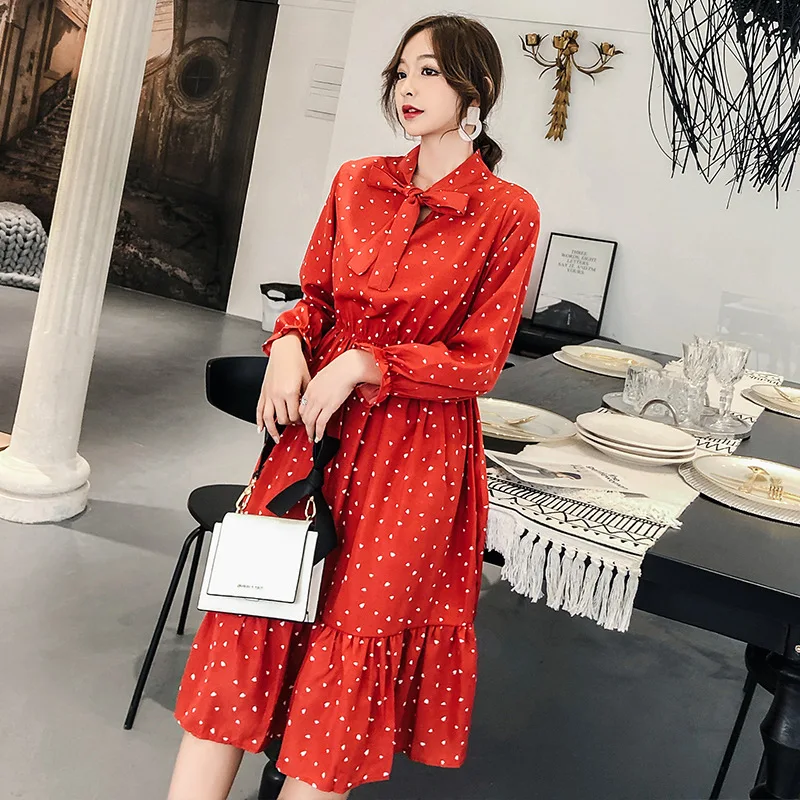 Женское шифоновое платье с бантом Элегантное Длинное в горошек цветочным