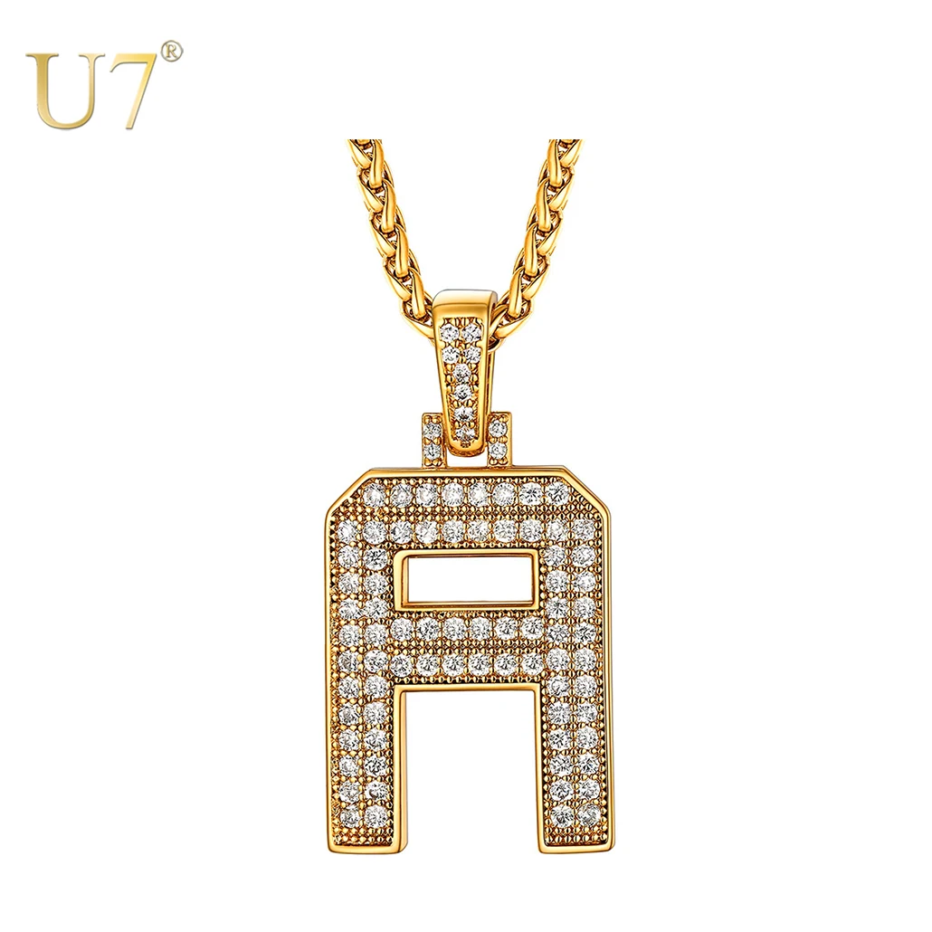 

U7 A-Z Letters Necklace Gold Chain for Men Women Full CZ Bling Iced Out Initial Pendant Hip Hop Alphabet Name Jewelry