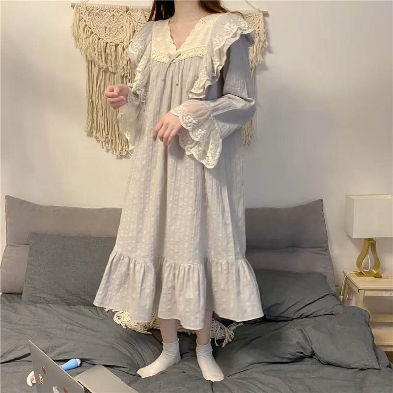 

Harajpee Women Pajamas 2021 Spring Autumn Japanese Sweet Temperament Lovely Palace Princess Style Lace Long Sleeve Nightdress