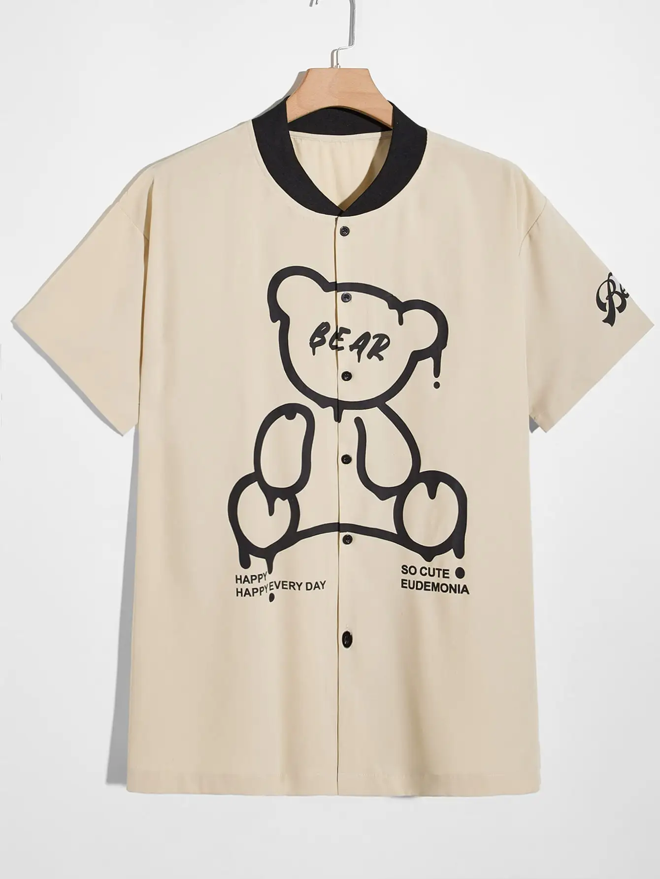 Men Bear And Slogan Print Casual Social Luxury  Loose Khaki Fashion Cute Graphic Baseball Collar Patchwork Shirt