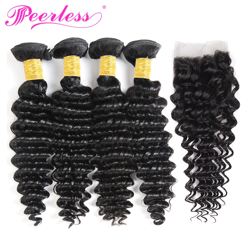 PEERLESS волос бразильский Реми человеческие волосы глубокая волна пряди с Закрытие