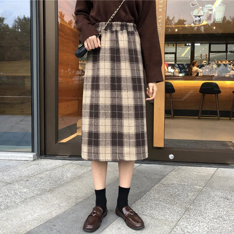 2019 корейская женская Зимняя шерстяная юбка с высокой талией а-силуэт в клетку