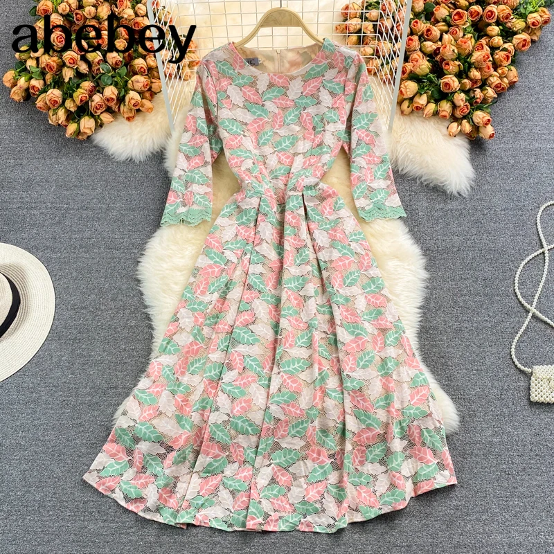 

Женское кружевное платье-трапеция средней длины, платье во французском стиле с круглым вырезом и длинным рукавом, плиссированное платье с в...