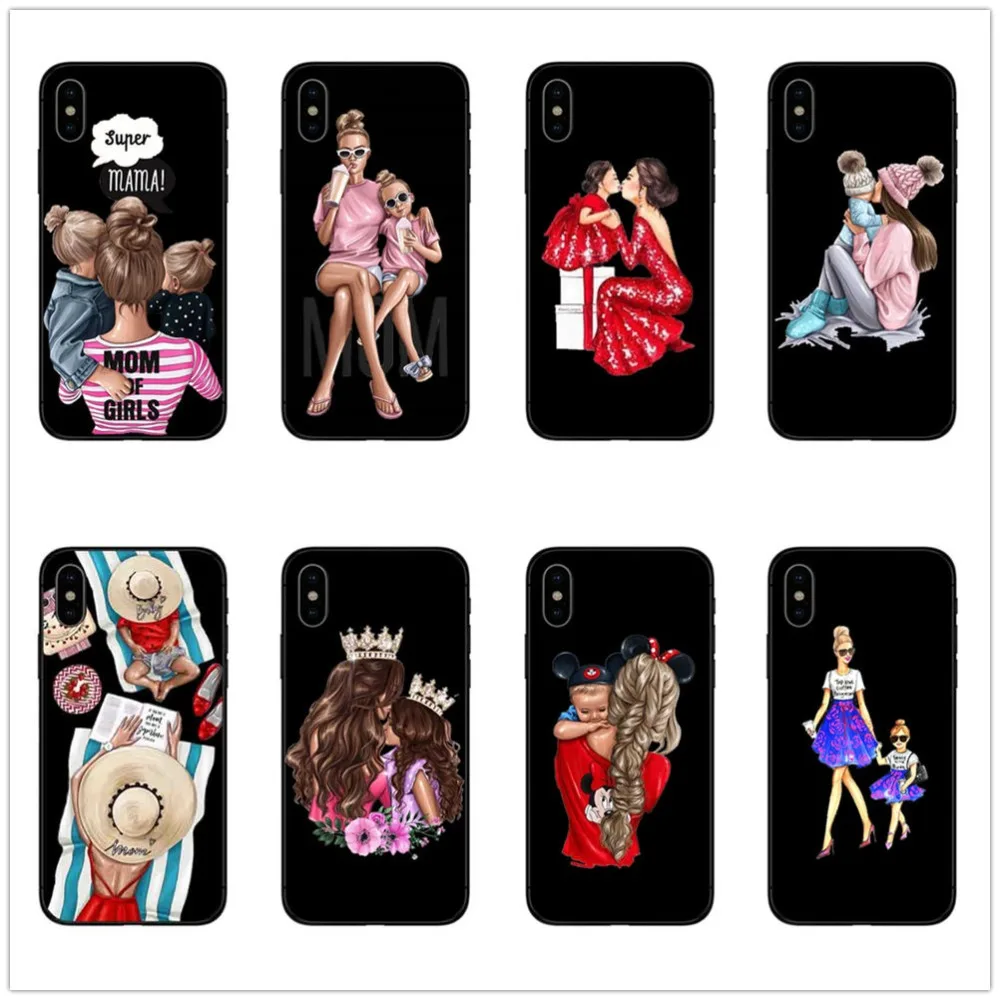 Черный коричневый волос для мамы и девочки королева 01 чехол iPhone X XS Max XR 8 7 6 6s Plus 5 5S