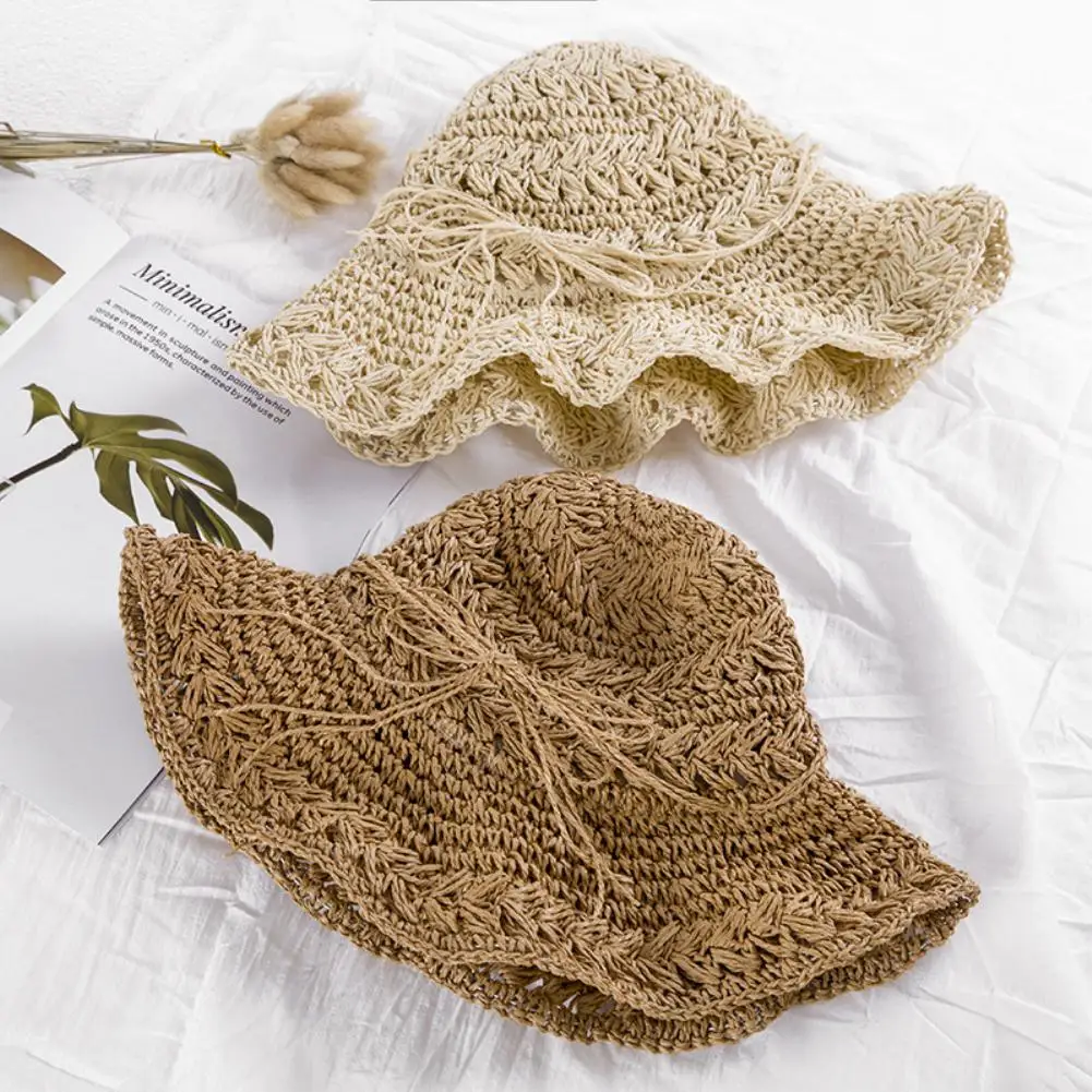 

Women Foldable Crochet Knit Straw Lace Tie Large Brim Hat Sun Protection Sunhat Outdoor Streetwear Summer Beach Cap Gift