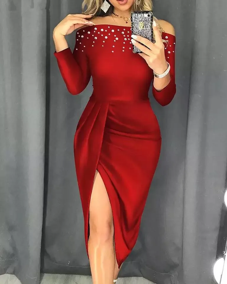 

2021NEW summer ladies dress sexy one-shoulder long-sleeved banquet dress red mesh side slit solid color long-sleeved dress