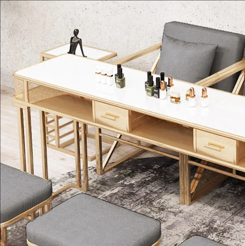 

Nordic manicure table and chair package, iron manicure table with marble and glass surface