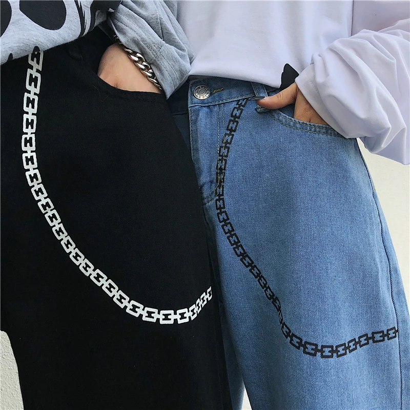 Harajuku Jeans Female Vintage Wash Women Fashion Chain Loose High Waist Cartoon Print Casual Trousers | Женская одежда