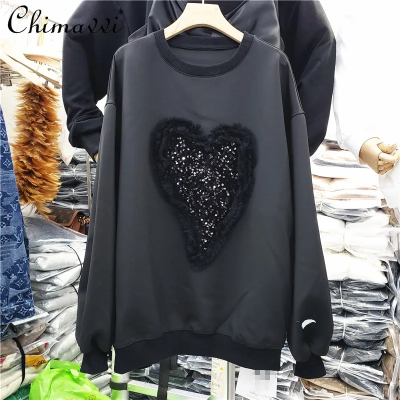 

2021 Autumn New Ladies Fashion Embroidery Sequins Mesh Stitching Sweatshirt Women Korean Style Love Hoodie European Pullover Top