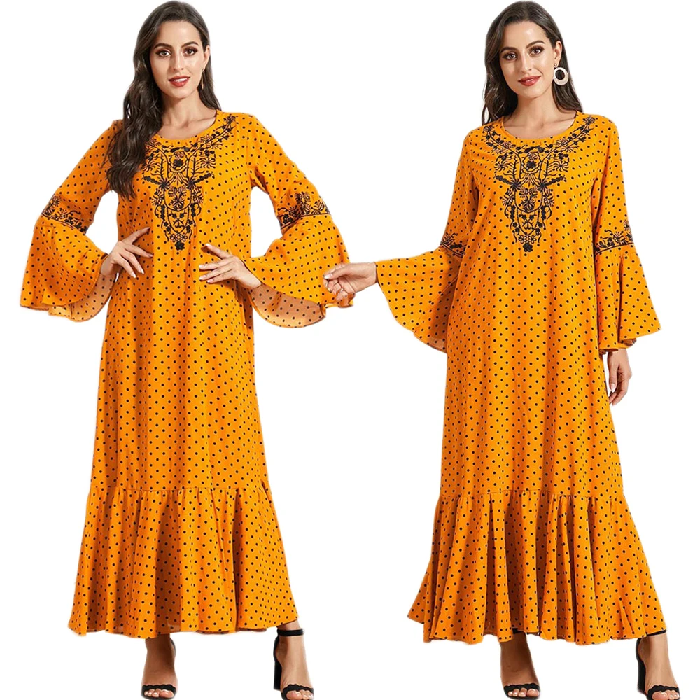 

2021 Spring Autumn Polka Dot Long Dress Vintage Embroidery Muslim Women Arabic Abaya Flare Sleeve Kaftan Turkish Ramadan Eid New