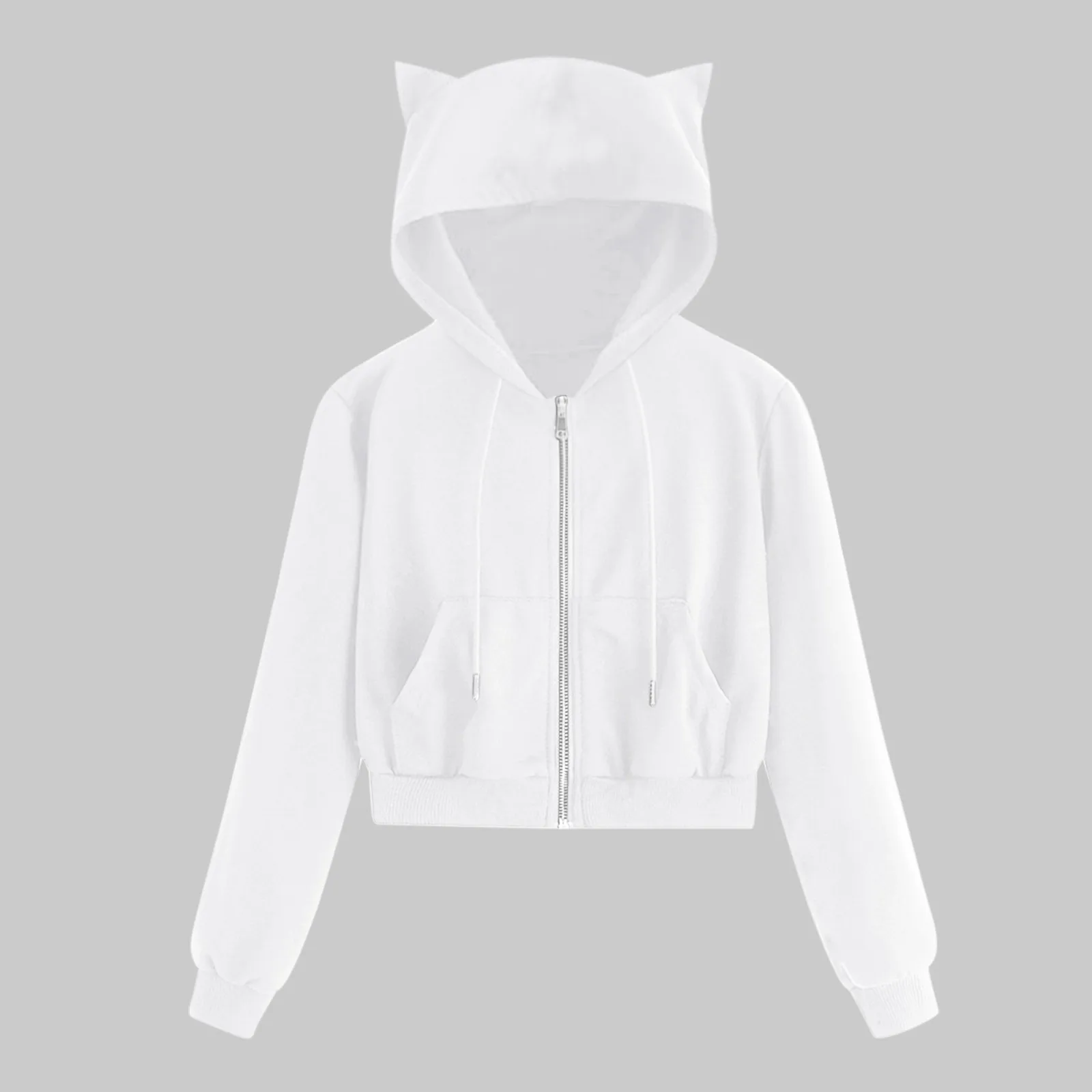 Women Casual Solid Hoodie Crop Top Long Sleeve Zipper Pocket Shirt Cat Hooded Sweatshirt Teen Girls Thin Jackets Bluza Moletom