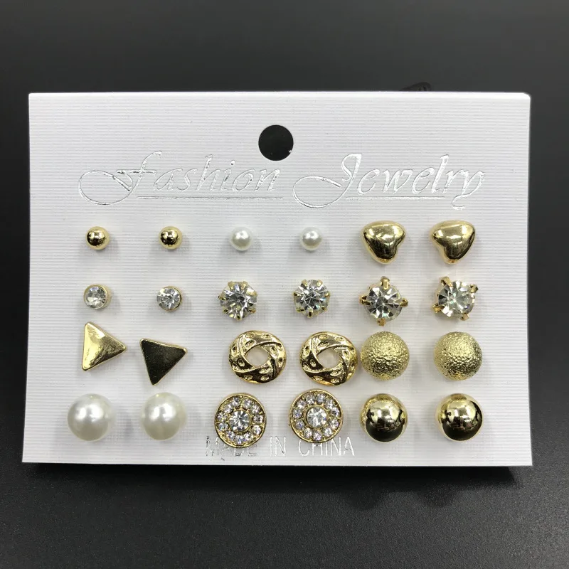 

12 Pair/Set Crystal Stud Earrings Triangle Knot 2020 New Rhinestone imitation Pearl Earrings for Girls Tiny Ear Studs Pendientes