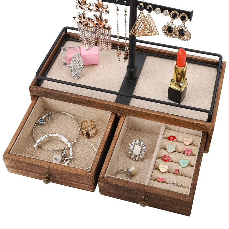 

Jewelry Organizer Metal & Wood Basic Storage Box 3 Tier Jewelry Holder Display for Necklaces Bracelet Earrings Ring
