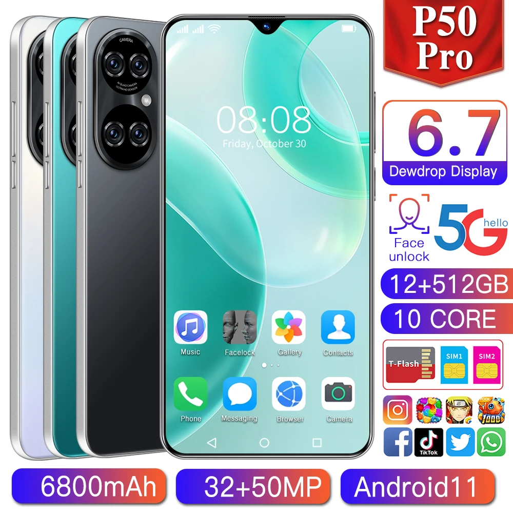 

Hot! New Global Version P50 Pro 6.7 Inch Smartphone Deca Core 6800mAh 16+512GB Dual SIM Full Screen 4G 5G Android Mobile Phone