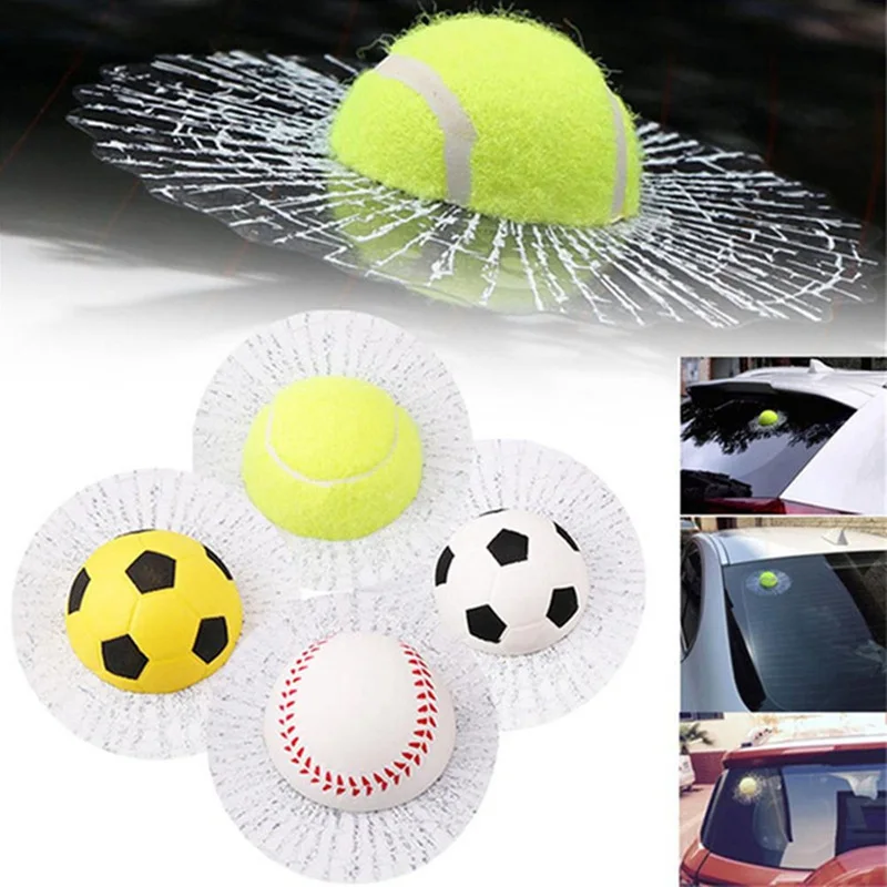 

For 3D Ball Hits Car Window Glass Broken Sticker Car Creative Baseball Football Tennis Style Auto Window Windshield Decals