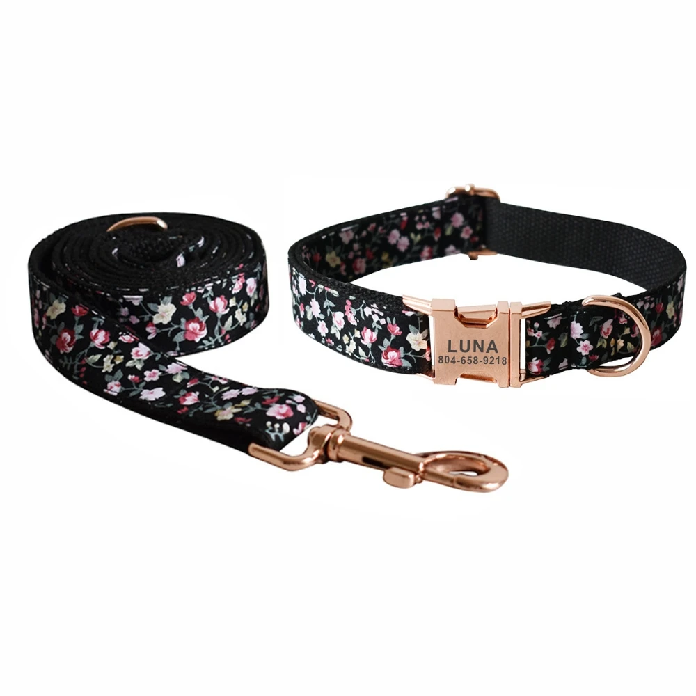Personalized Black Flower Pet Collar Puppy Cat ID Tag Adjustable Custom Name Rose Gold Buckle Orange Basic Dog Collars Leash