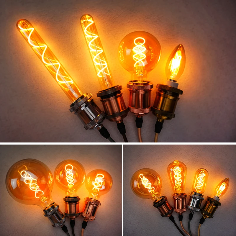 4pcs/lot E27 E14 LED Bulb 220V Vintage Spiral Filament Light C35 A60 T45 ST64 T185 T225 G80 G95 G125 4W Edison Lamp | Освещение