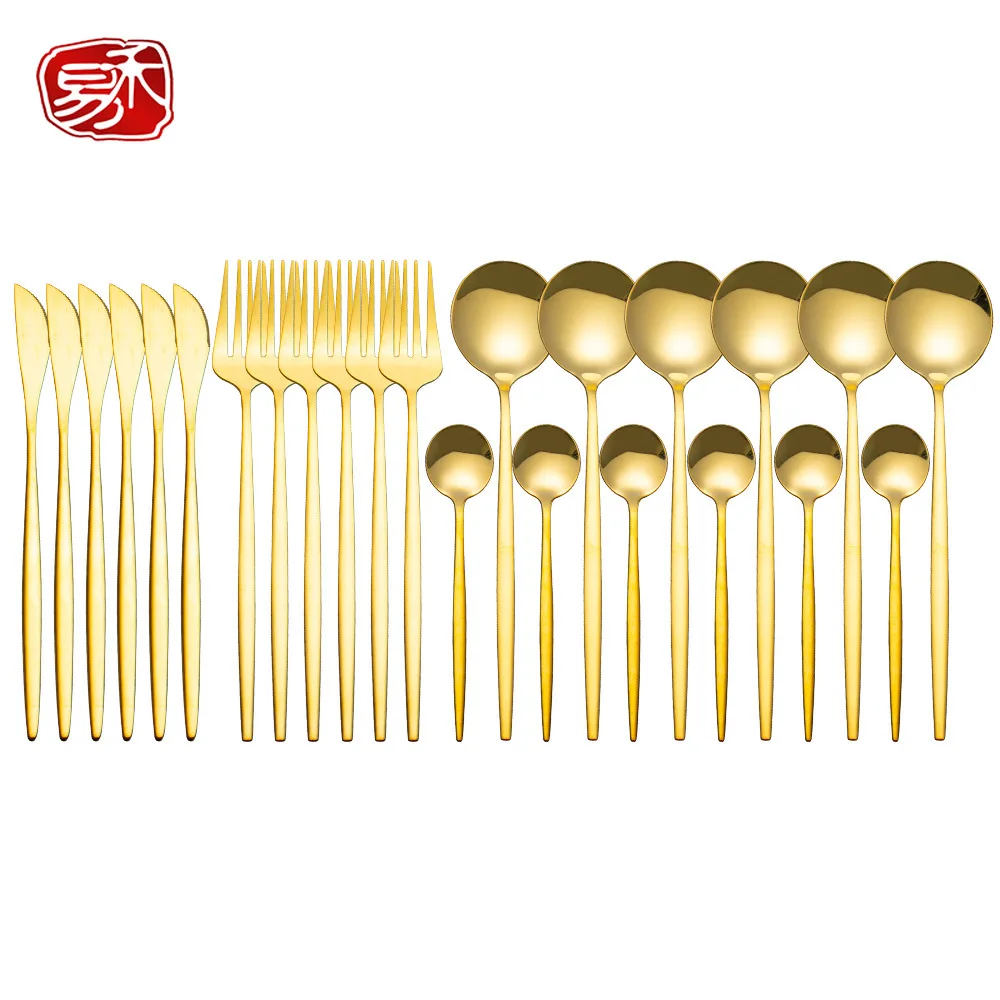 

HEYI New 410 Stainless Steel Tableware 24-piece Set Bright Black Portuguese Ins Cutlery Set Golden Spoon Fork GIft No Box CST