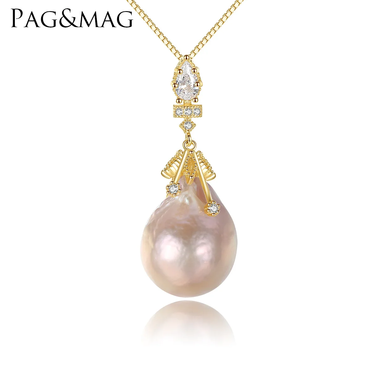 

PAG & MAG natural baroque pearl necklace S925 pure silver box chain electroplated 18K Gold Pendant female