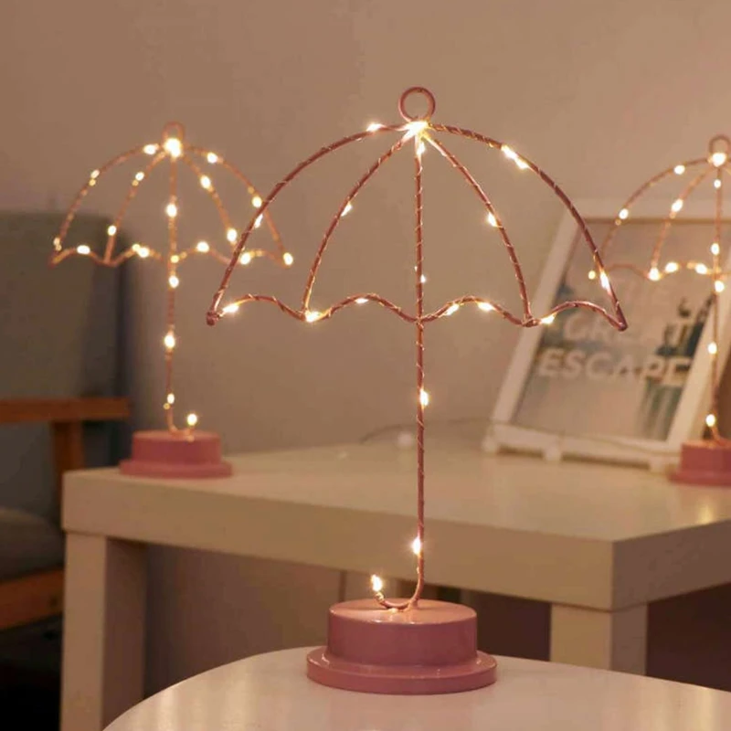 

Wrought Iron Bedside Lamp in Umbrella Shape Night Light Home Romantic Decor Battery Powered Lamp in Nordic Style