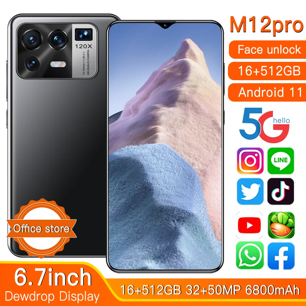 

New 6.7" M12 Pro 5G Network 6800mAh MTK6889 Dual SIM HiFi Android 11.0 16GB RAM 512GB ROM 32+50MP GPS Global Smartphone