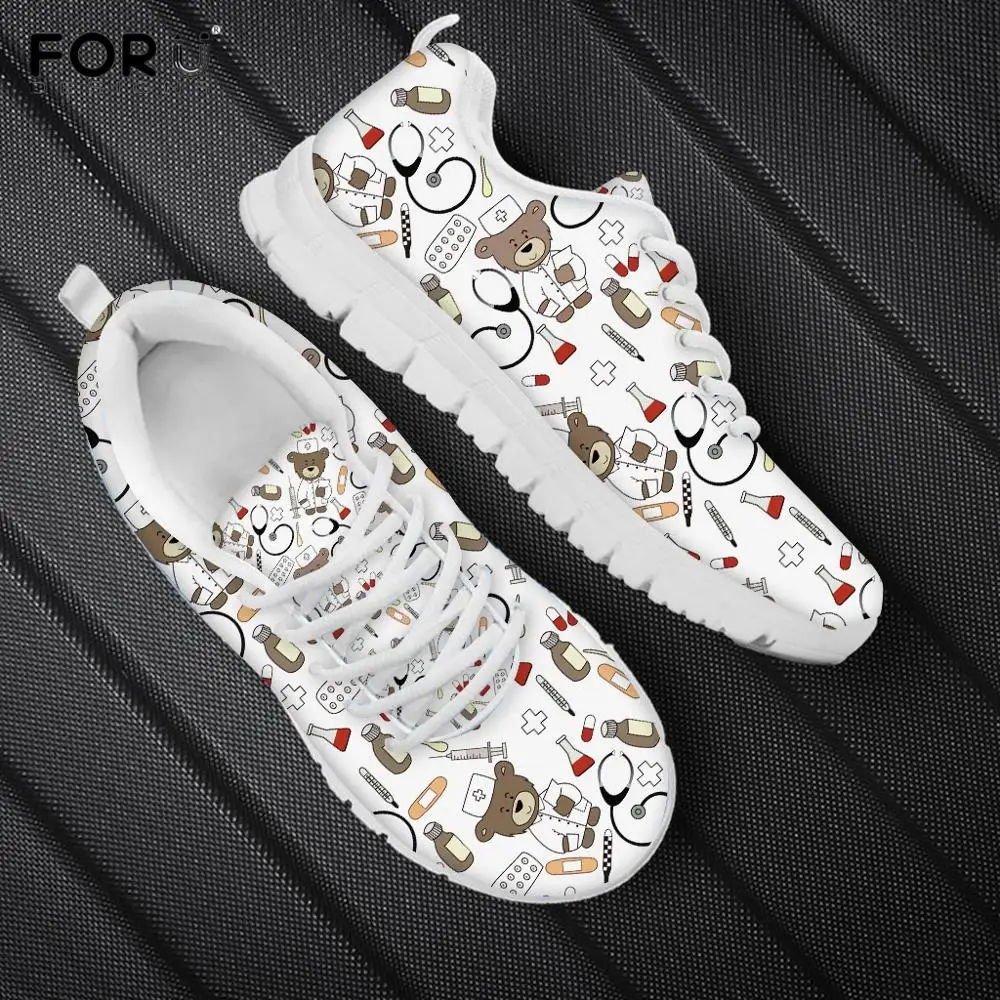 FORUDESIGNS White Cute Cartoon Nurse Bear Pattern Women Casual Sneakers Nursing Comfortable Mesh Flats Shoes for Female Girls forudesigns sketch medical pink print fashion women flats shoes female casual sneakers woman girls comfortable mesh shoes mujer