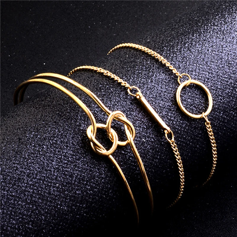 

3PCs Simple Gold Knot Bangles For Women European Geometric Bracelets Set Rectangle Round Charm Fashion Bracelet Wrist Jewelry