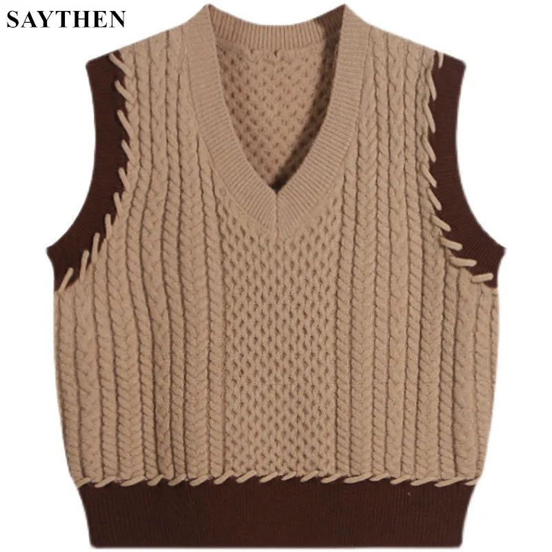 

SAYTHEN Autumn And Winter V-Neck Solid Color Twist Stripe Pullover Knitted Vest New Wild Loose Vest Women