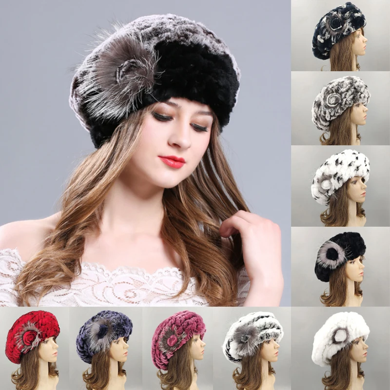 

Women Elastic Rex Rabbit Fur Warm Cap Beret Hat Knitted Winter Girls Fashion