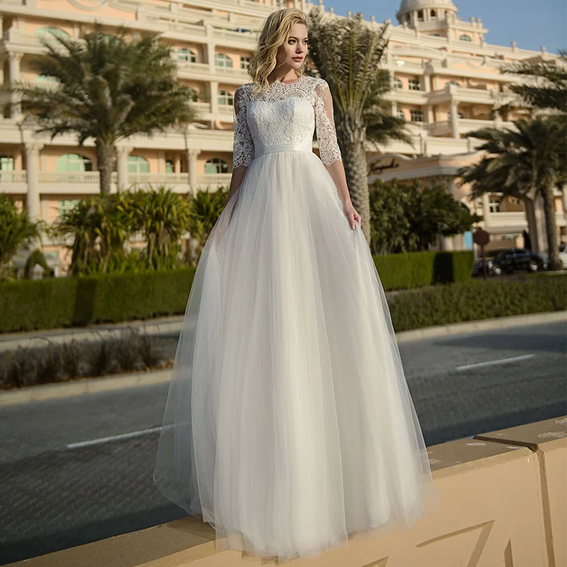 

A-line Wedding Gowns 2021 Fashion O-neck Lace Appliques Sweep Train Tulle Half Sleeve Backless Bridal Dress