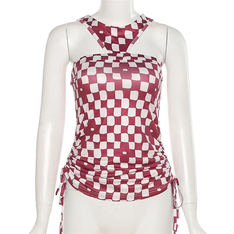 

Goth Dark E-girl Plaid Print Summer Halter Tops For Women Gothic Harajuku Drawstring Tank Top Punk Y2k Bandage Fashion Outfits