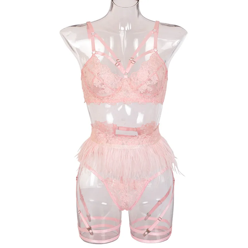 

Lencera Lace Embroidery Lingerie Set Feather Bra and Set Sexy Women's Underwear Bra See Through 3 Piece Bra