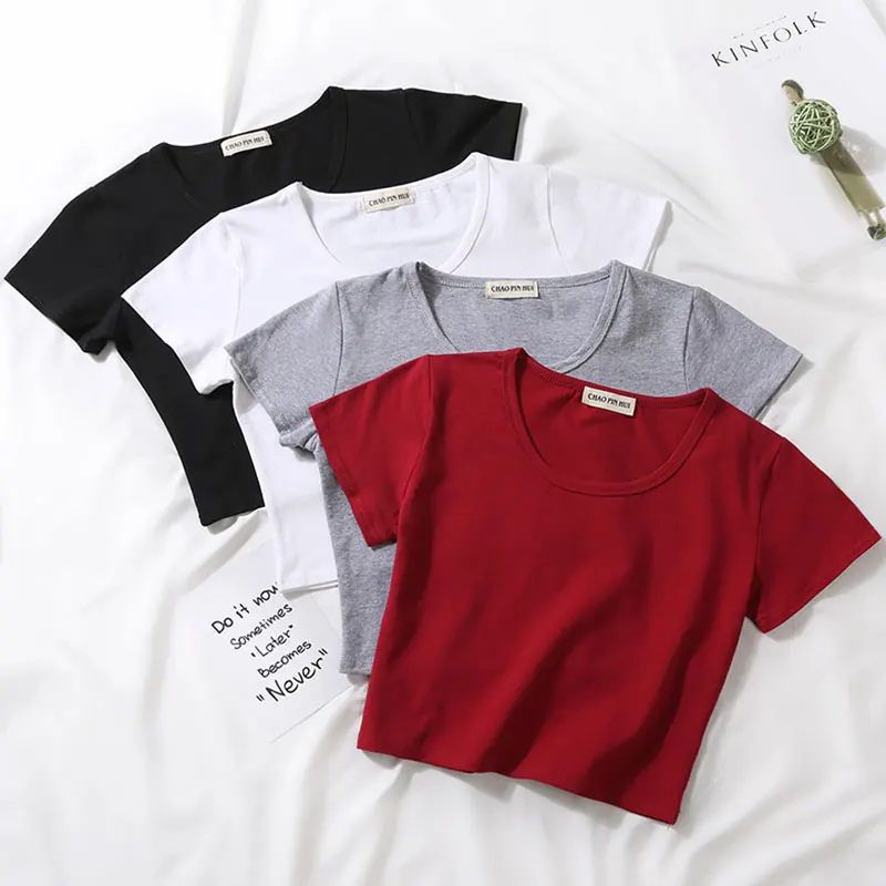 Женский короткий топ с буквенным принтом однотонный облегающий коротким рукавом