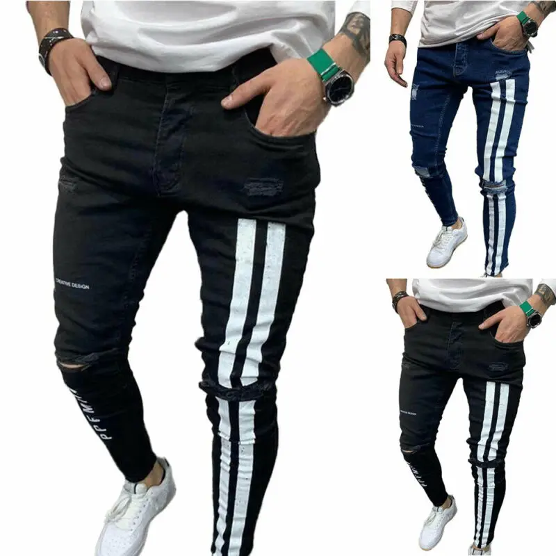 

Mens Ripped Stretch Jeans Casual Work Slacks Denim Pants Print Trousers Outdoors