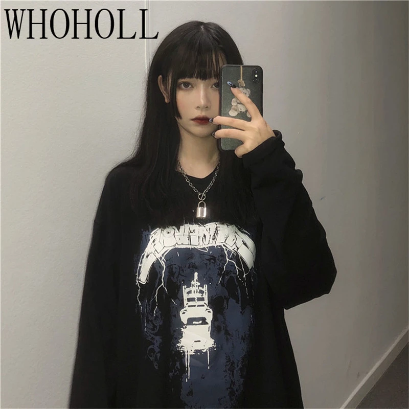 

Gothic T-shirts Women Autumn Clothing 2020 Dark Rock Print Black Punk Long Sleeve T-shirt Basic Tshirt Men And Women T-shirts