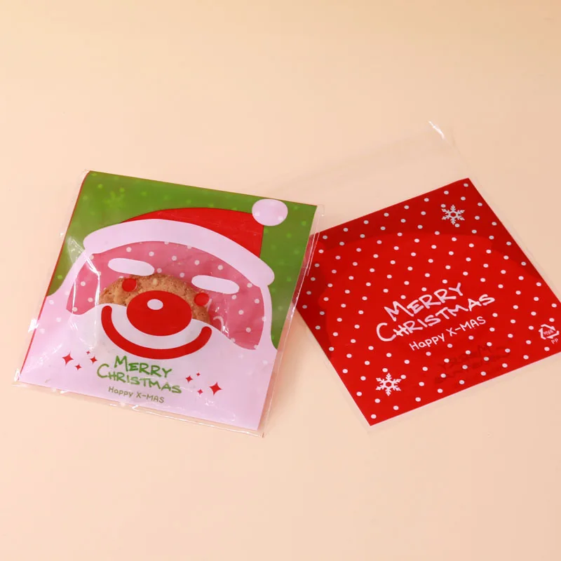 

100 Pcs10*10+3cm Cute red Merry Christmas jewelry Packaging display Cake Gift Plastic Candy Cookies Biscuits Bags Wedding Party