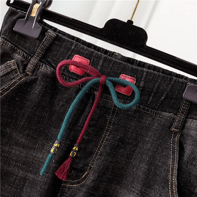 Женские джинсы с завышенной талией черные свободные эластичные брюки со