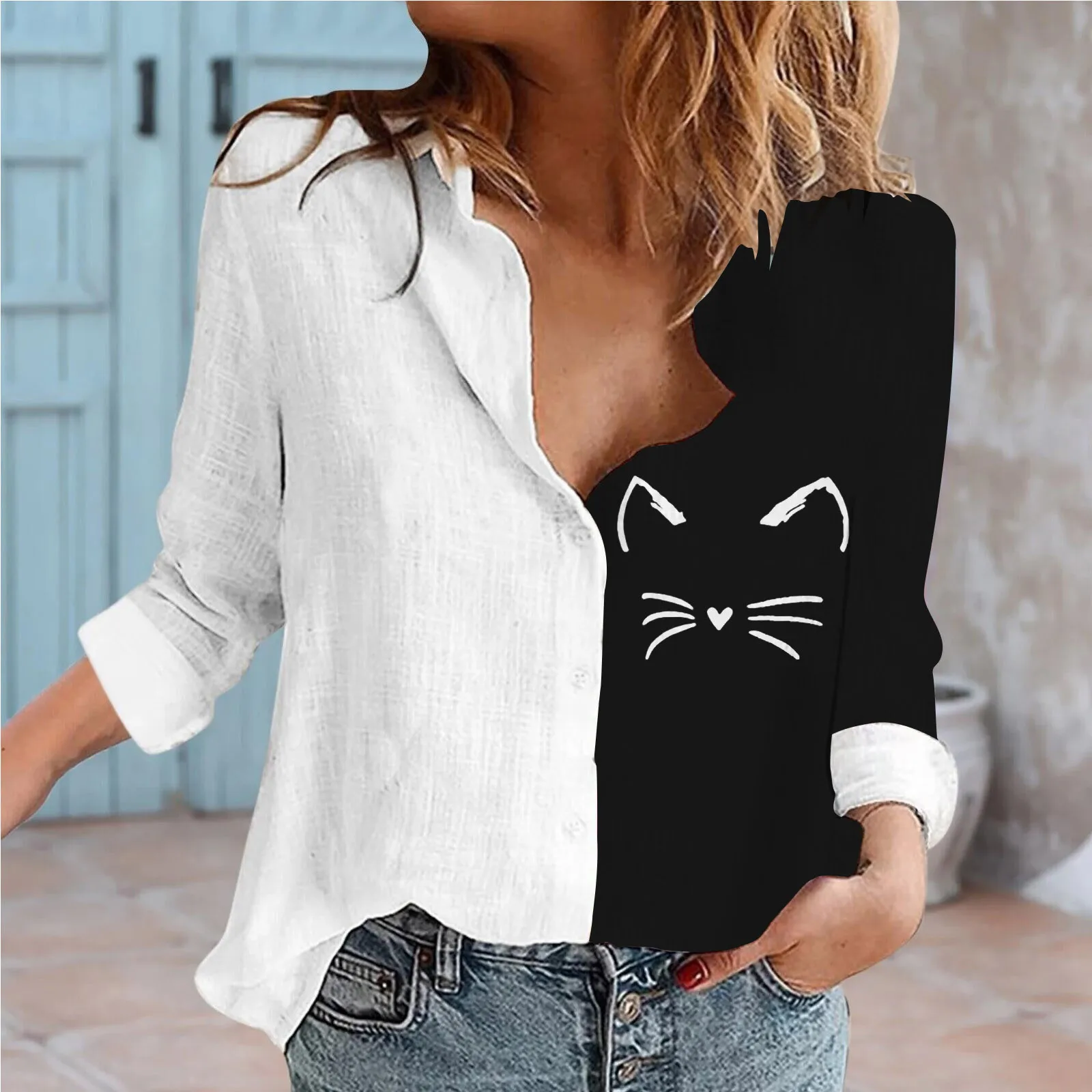 Рубашка с отложным воротником на пуговицах принтом кота длинным рукавом