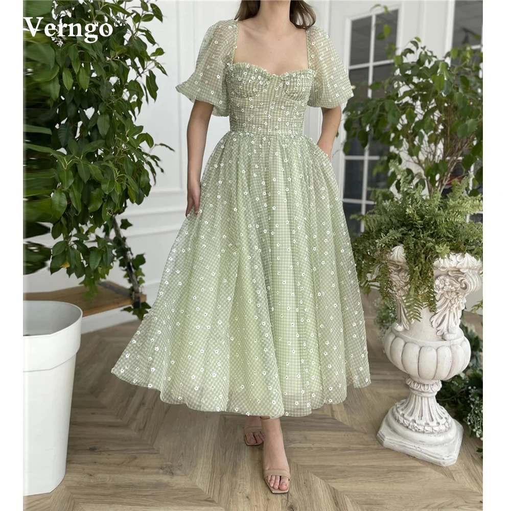 

Verngo 2021 Green Tulle Gingham With Poppies A Line Prom Dress Puff Sleeves Sweetheart Corset Tea Length Formal Party Gowns