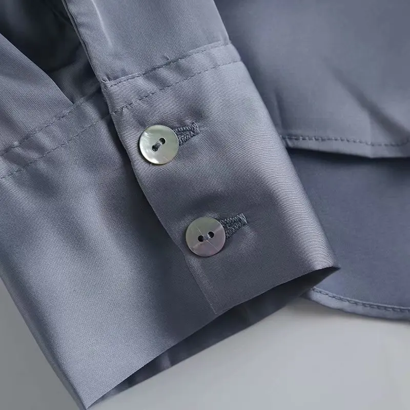 

ZA 2020 New Fashion Pure color gray blue Women Turn-down Collar Blouses Long Sleeve Chiffon Blouse Shirt Casual Loose Tops