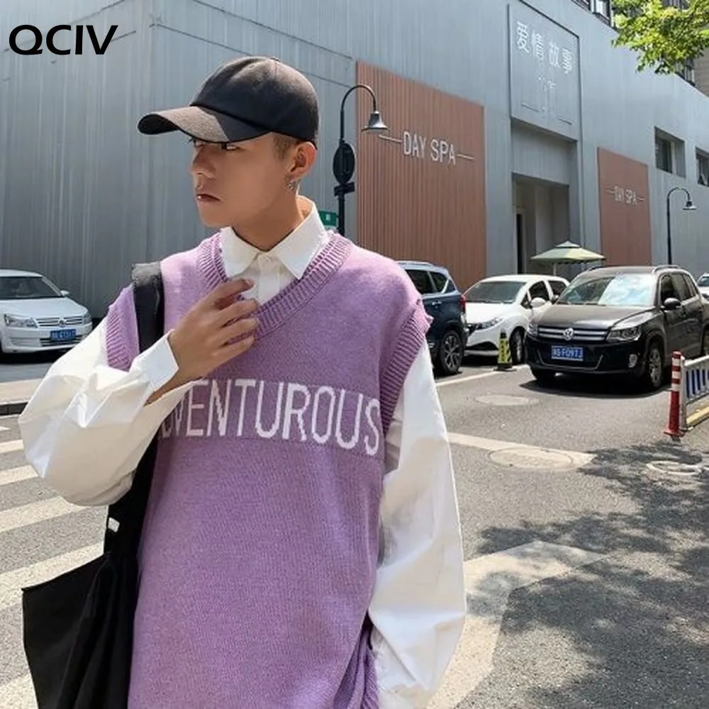 

Men Sweater Vest Spring Letter Loose Personal Sleeveless Knitted Sweaters Male Korean Preppy Style All-match V-neck Ins Fashion